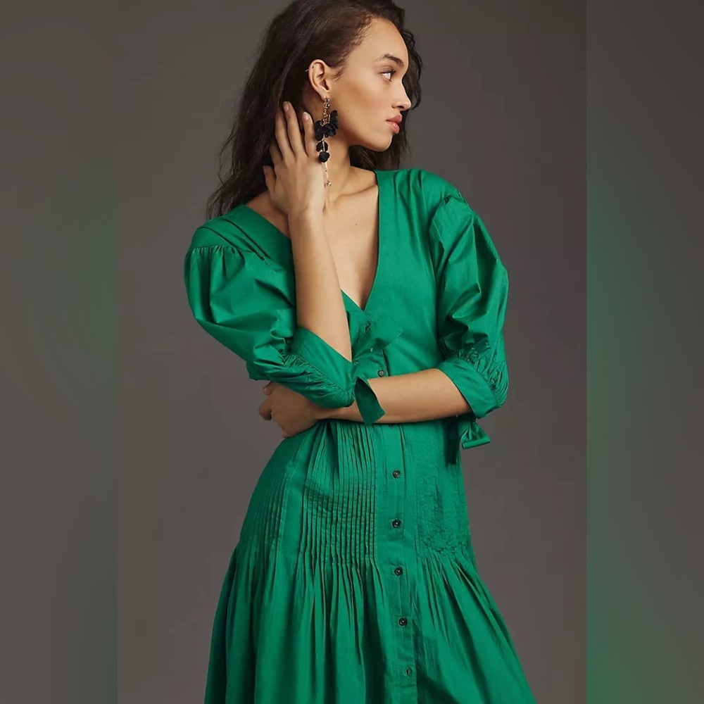 Maeve Green Smocked Midi Dress with Puff Sleeves and V-Neck